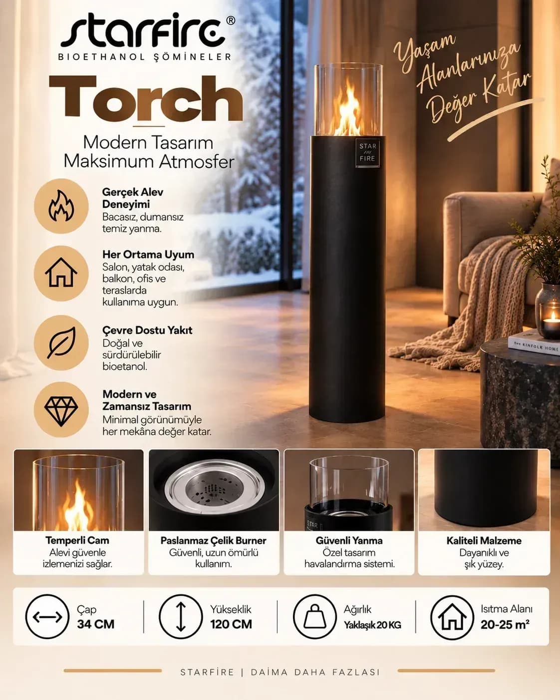 Büyütmek için çift tıklayın Starfire Torch 120 cm Yer Tipi Bioetanol Şömine - Siyah ürün görseli