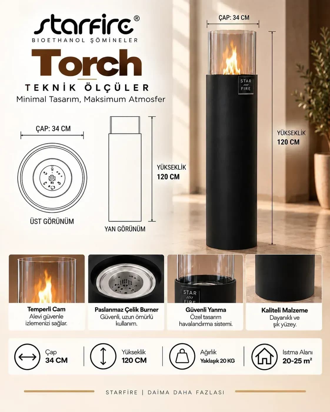 Büyütmek için çift tıklayın Starfire Torch 120 cm Yer Tipi Bioetanol Şömine - Siyah ürün görseli