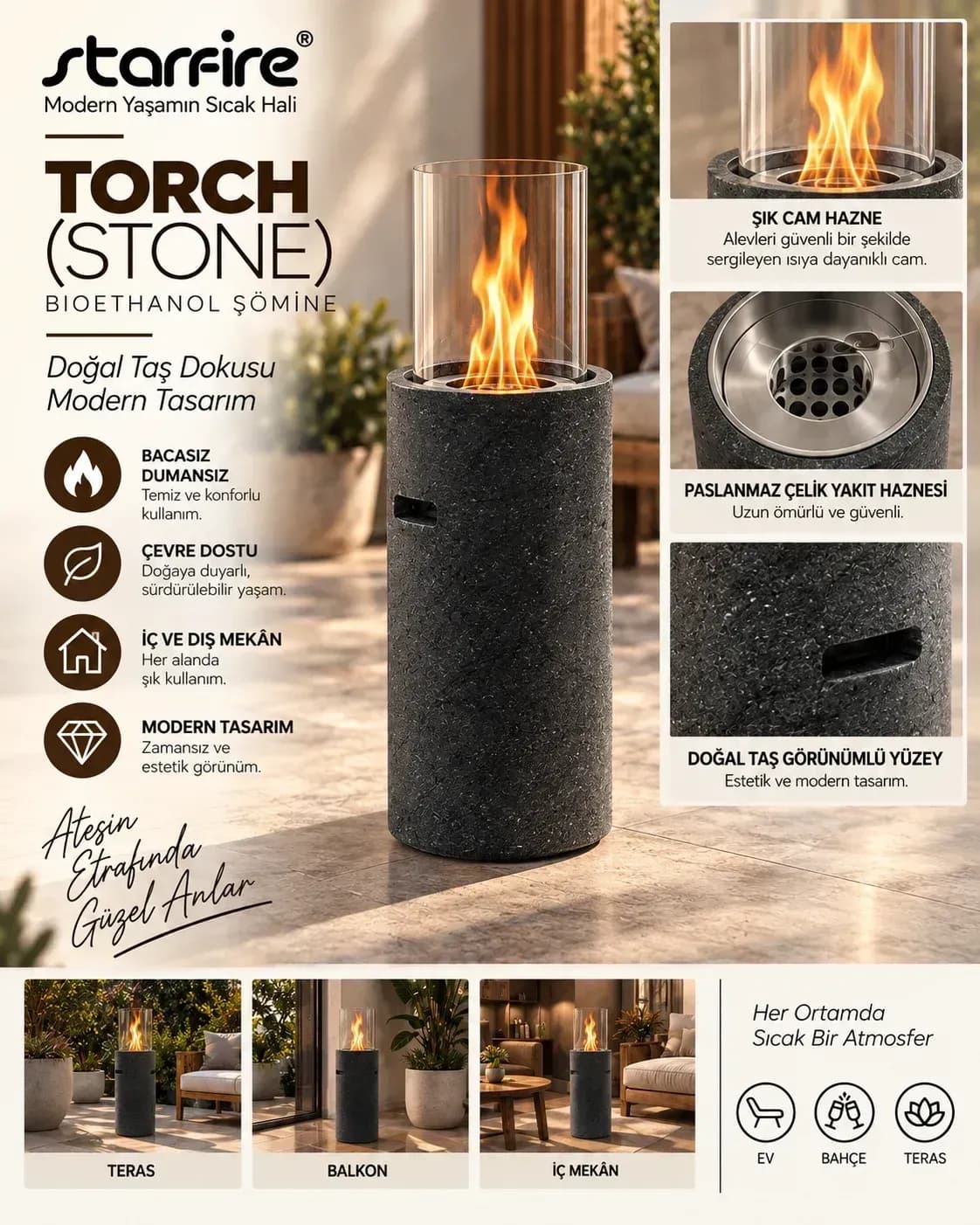 Büyütmek için çift tıklayın Torch Stone Small Bioetanol Şömine (Siyah) ürün görseli