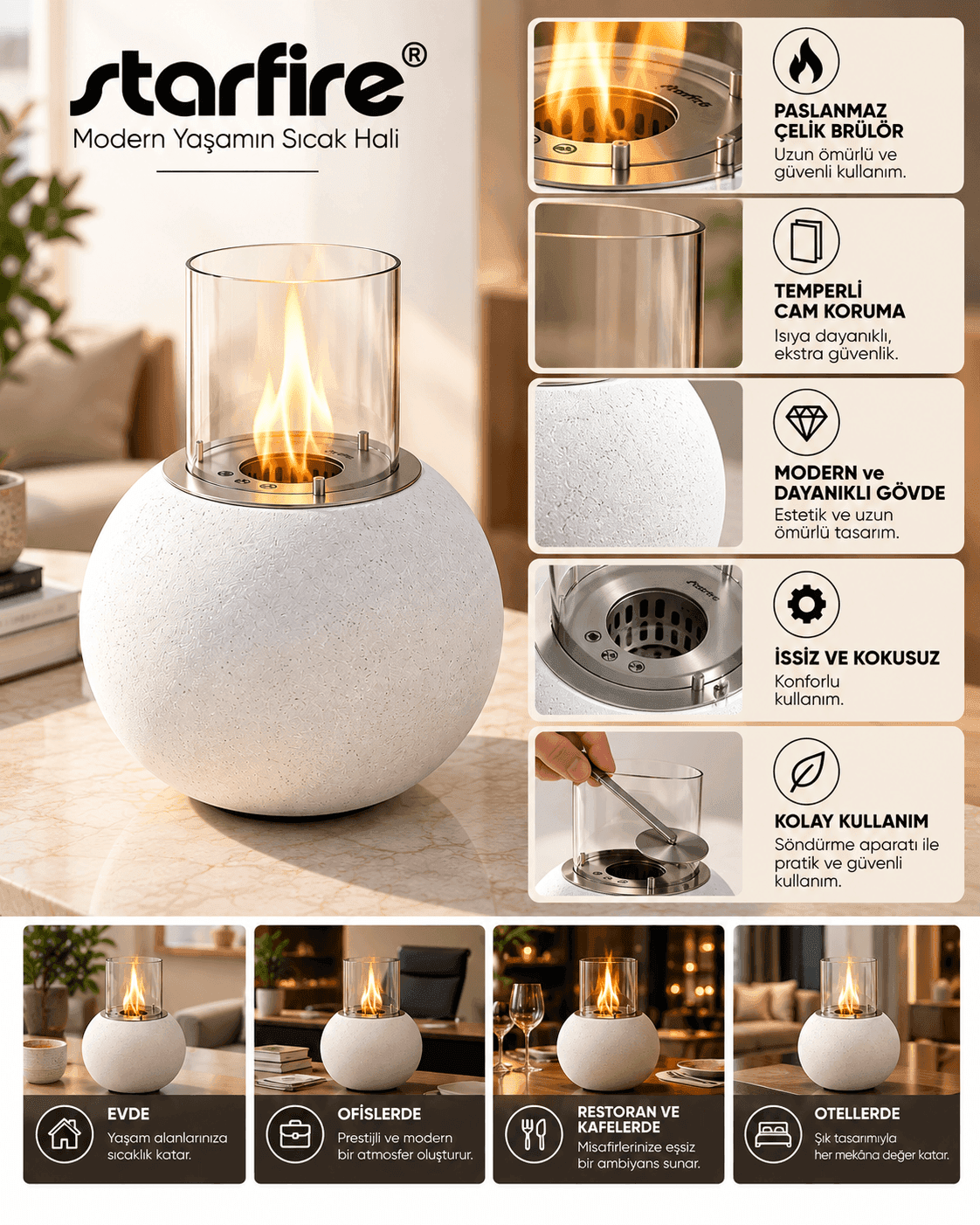 Büyütmek için çift tıklayın Starfire Bowl Stone Beton Bioetanol Şömine (Beyaz) 3